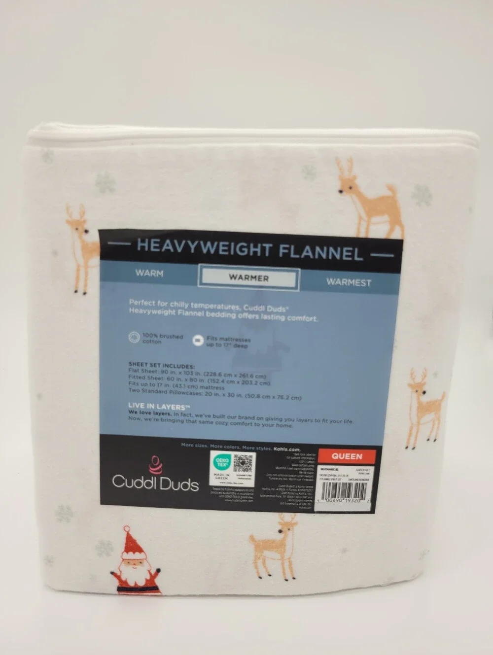 Cuddl Duds Heavyweight Flannel Sheet Set Reindeer Santa Print QUEEN Size NEW